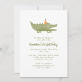 Cute Playful Green Crocodile 1st Birthday Invitation (Front)