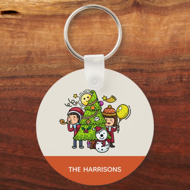Cute Playful Hand Drawn Holiday Party Christmas  Keychain (Back)