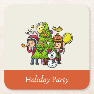 Cute Playful Hand Drawn Holiday Party Christmas Square Paper Coaster