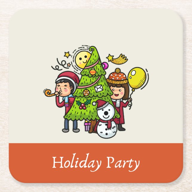 Cute Playful Hand Drawn Holiday Party Christmas  Square Paper Coaster (Front)
