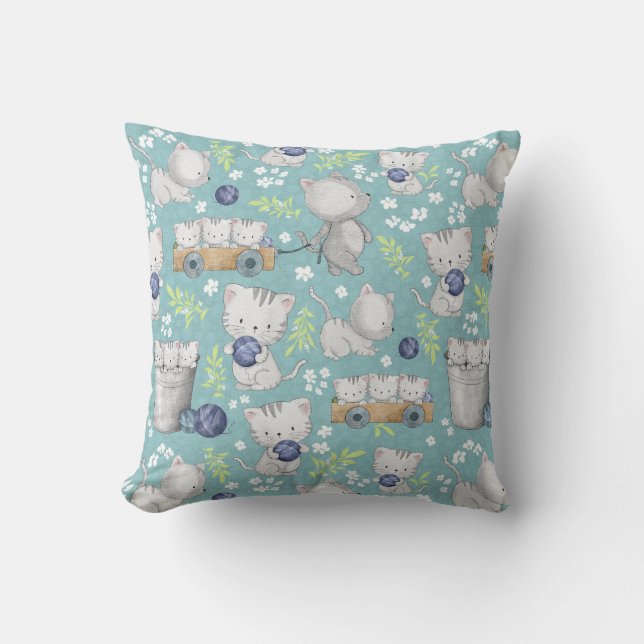 Cute Playful Kittens and Yarns Throw Pillow (Front)