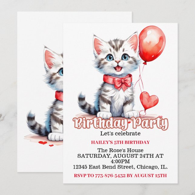 Cute Playful Kitty Cat Birthday Party Invitation (Front/Back)