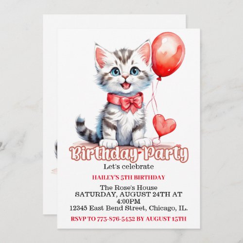 Cute Playful Kitty Cat Birthday Party Invitation