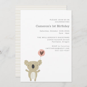 Cute Playful Koala Bear Simple 1st Birthday Invitation