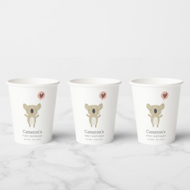 Cute Playful Koala Bear Simple 1st Birthday Paper Cups (Multi)