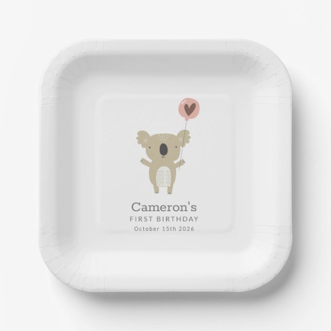 Cute Playful Koala Bear Simple 1st Birthday Paper Plates (Front)