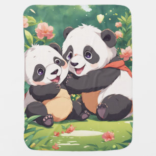 Cute Playful Little Pandas - Anime Style Baby Blanket