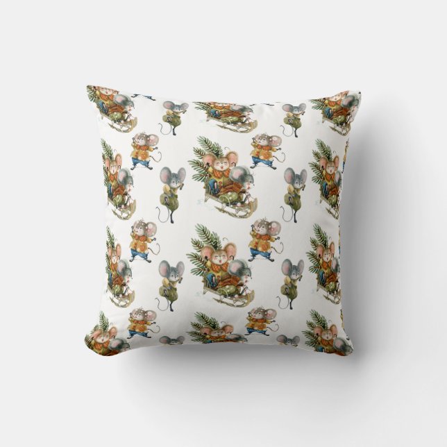 Cute Playful Mice Christmas Pattern Throw Pillow (Front)