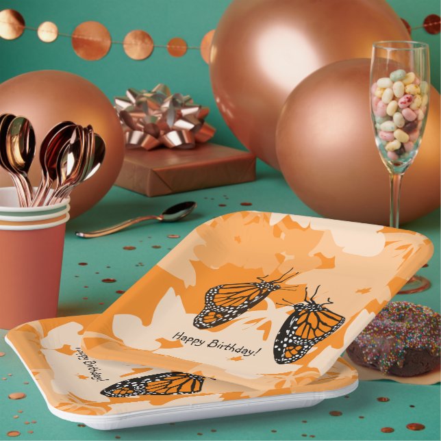 Cute Playful Orange Monarch Butterflies Paper Plates (Multi)