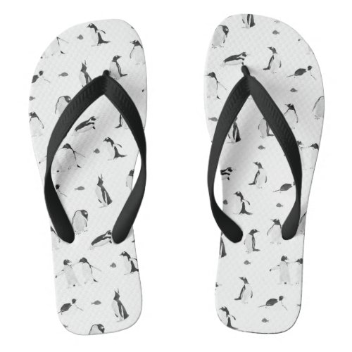 Cute Playful Penguins and Fish Monochrome Pattern Flip Flops