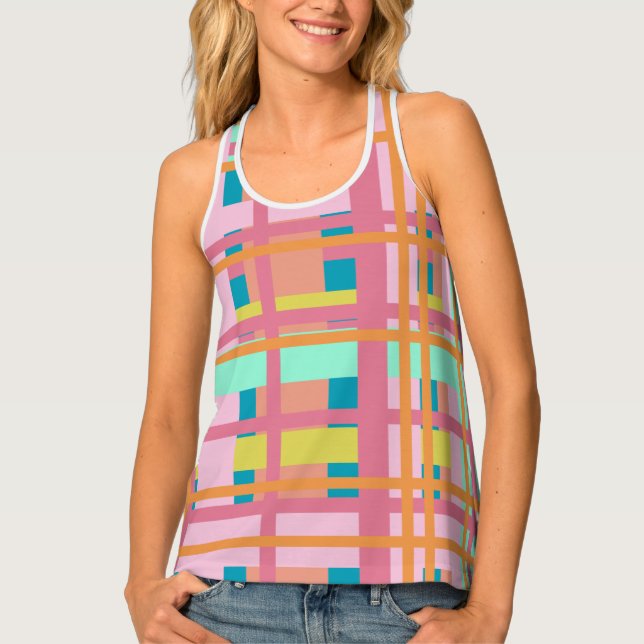 Cute Playful Plaid Geometric Lines in Blue Tank Top (Front)