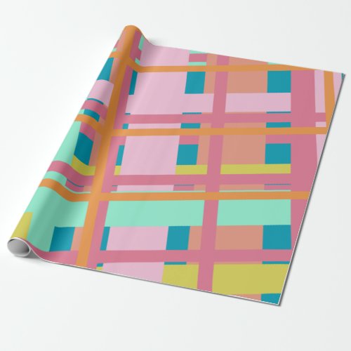 Cute Playful Plaid Geometric Lines in Blue Wrapping Paper