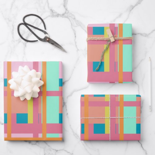 Cute Playful Plaid Geometric Lines in Blue Wrapping Paper Sheets