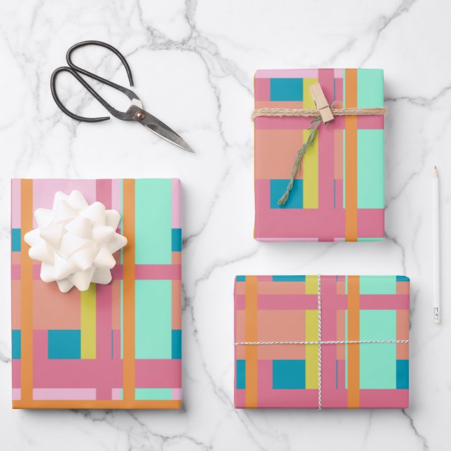 Cute Playful Plaid Geometric Lines in Blue Wrapping Paper Sheets (Front)
