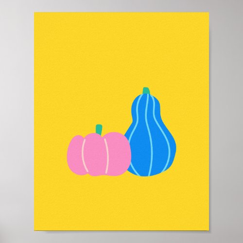 Cute Playful Pumpkin and Gourd Art in Yellow Poster