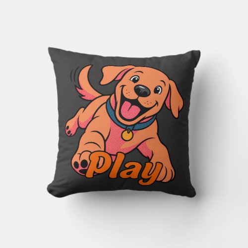 Cute Playful Puppy Cartoon Art with Play Typograph Throw Pillow