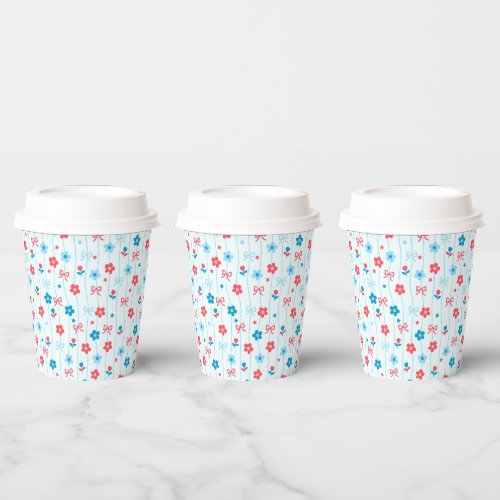 Cute Playful Red Blue Floral and Bow Paper cup