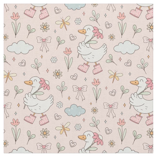 Cute & Playful Silly Spring Floral Goose Pattern Fabric (Close Up)