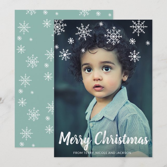 Cute Playful Snowflakes Photo Modern Christmas Holiday Card (Front/Back)