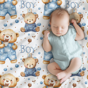 Cute playful teddy bears boy baby shower blanket