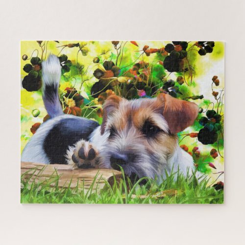 Cute Playful Terrier Puppy Dog In Grass Photo Jigsaw Puzzle