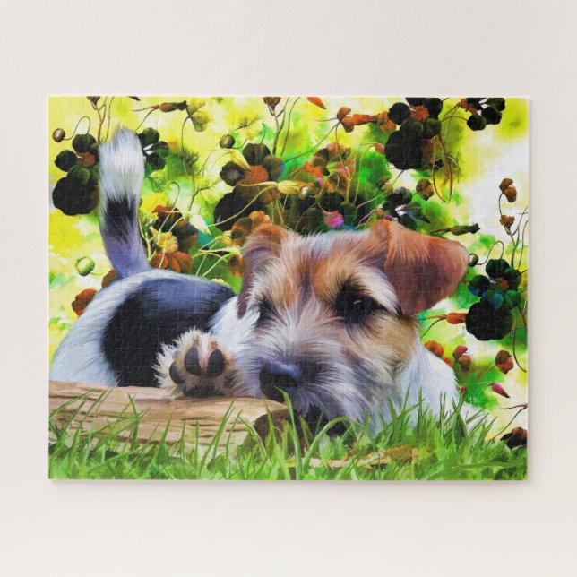 Cute Playful Terrier Puppy Dog In Grass Photo Jigsaw Puzzle (Horizontal)