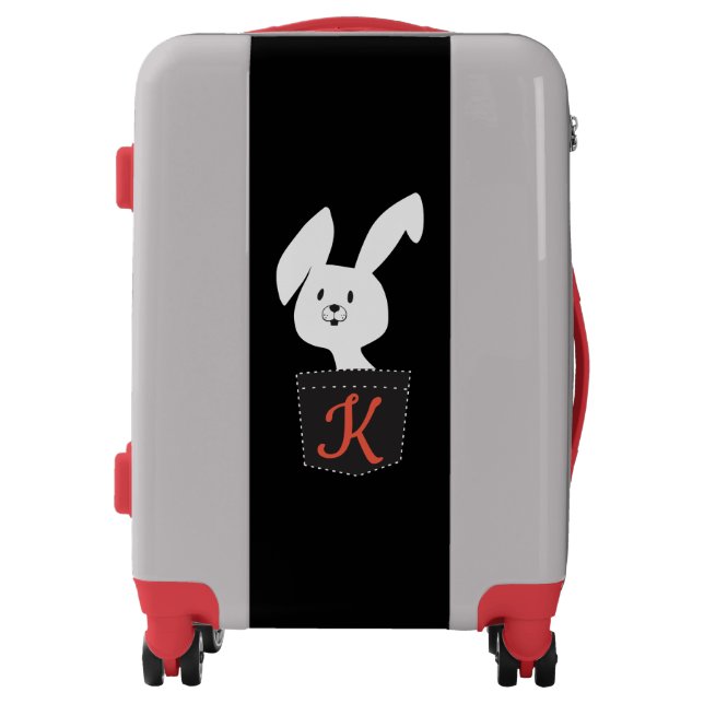 Cute Playful White Bunny Black Cartoon Monogram Luggage (Front)