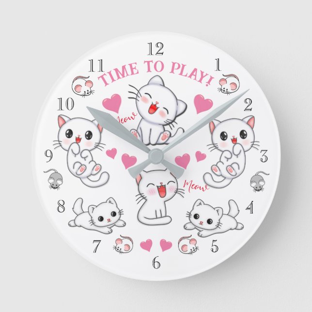 Cute Playful White Kittens Time to Play Round Cl Round Clock (Front)