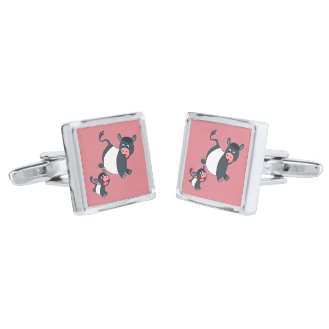 Cute Playing Belted Galloway Cow & Calf Cufflinks (Angled)