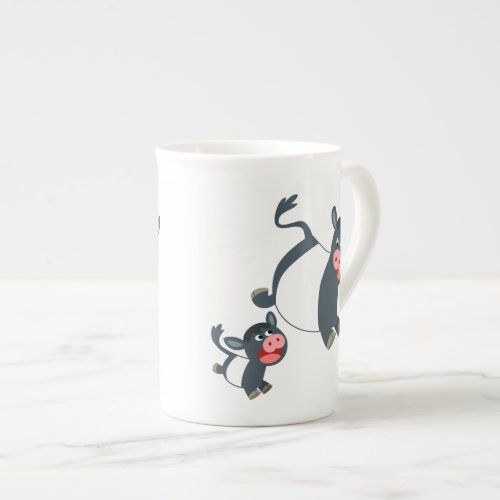 Cute Playing Cartoon Belted Galloway Cow and Calf Bone China Mug