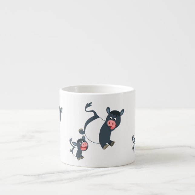 Cute Playing Cartoon Belted Galloway Cow and Calf Espresso Cup (Front)
