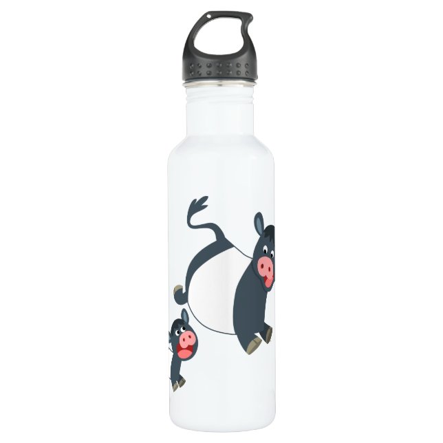 Cute Playing Cartoon Belted Galloway Cow and Calf Stainless Steel Water Bottle (Front)