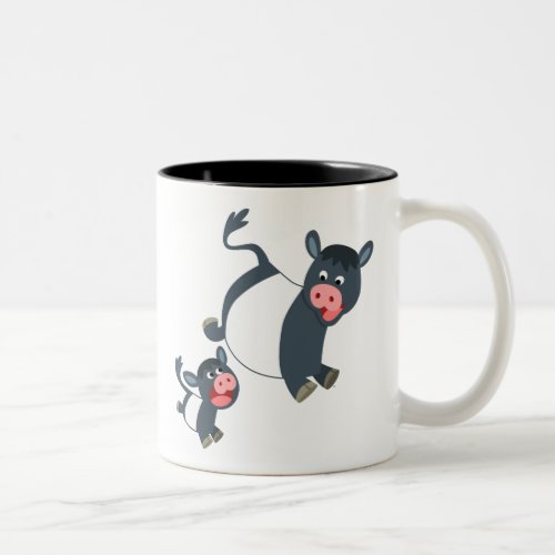 Cute Playing Cartoon Belted Galloway Cow and Calf Two_Tone Coffee Mug