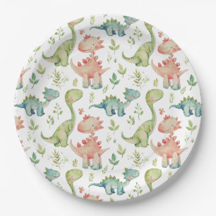 Cute playing dinosaurs kids birthday paper plates