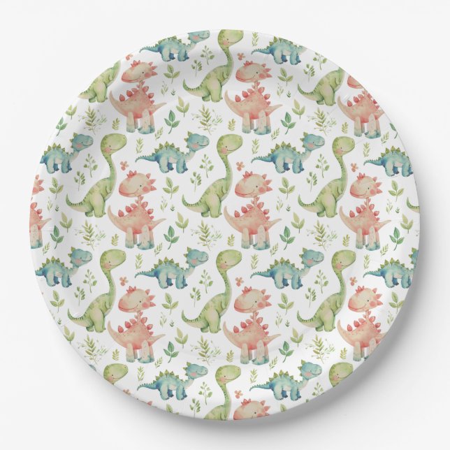 Cute playing dinosaurs kids  birthday paper plates (Front)