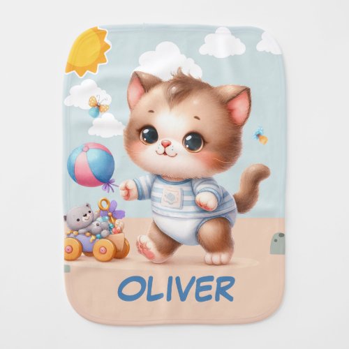 Cute Playing Kitten Personalized Baby Burp Cloth