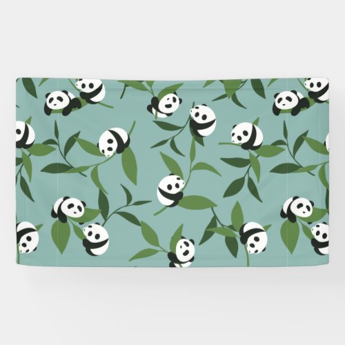 Cute Playing Panda in Green Garden Pattern Banner