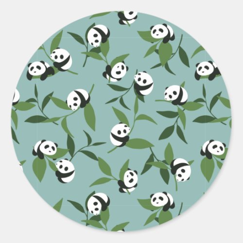 Cute Playing Panda in Green Garden Pattern Classic Round Sticker