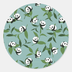 Cute Playing Panda in Green Garden Pattern Classic Round Sticker
