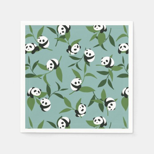 Cute Playing Panda in Green Garden Pattern Napkins