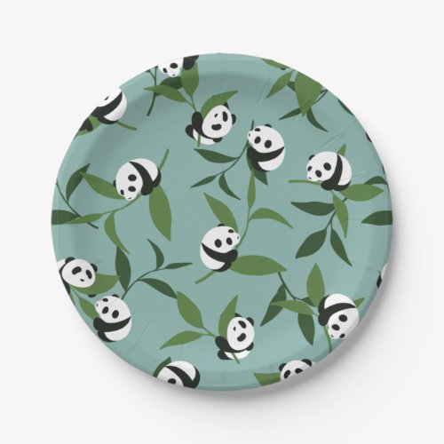 Cute Playing Panda in Green Garden Pattern Paper Plates
