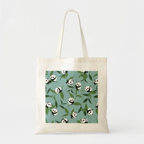 Cute Playing Panda in Green Garden Pattern Tote Bag