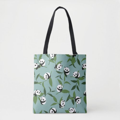 Cute Playing Panda in Green Garden Pattern Tote Bag