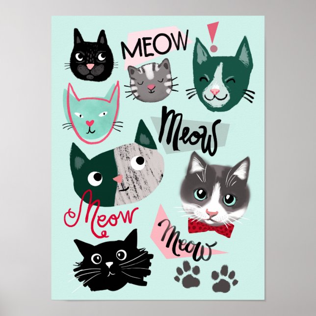 Cute playroom fun cat faces kids room poster green (Front)