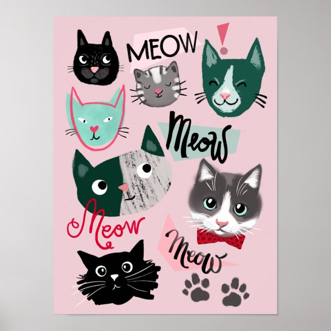 Cute playroom fun cat faces kids room poster pink (Front)