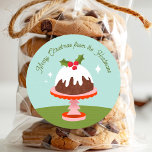 Cute Plum Pudding Retro Christmas Cake Name Classic Round Sticker<br><div class="desc">These cute, colorful Christmas sticker labels feature a hand drawn plum pudding illustration on a Christmas tree cake stand and textured tablecloth. A text template is included for simple personalization. Great for adding labels to Christmas gifts for neighbors, friends, or family! Please note that if you choose the 1.5 inch...</div>