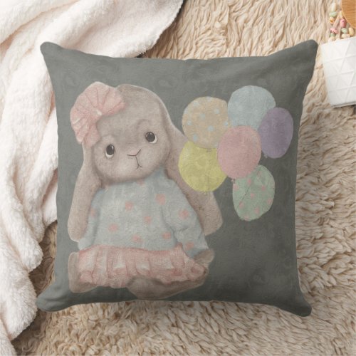  cute plush bunny with a bow and balloons throw pillow