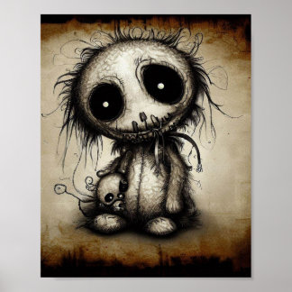 cute plush creature big black eyes, vintage style poster