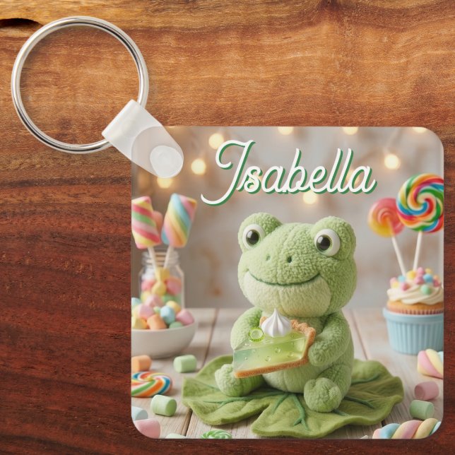 Cute Plush Frog holding Key Lime Pie Personalized  Keychain (Front)