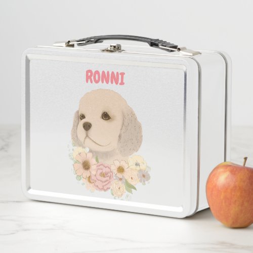 cute plush puppy with flowers metal lunch box